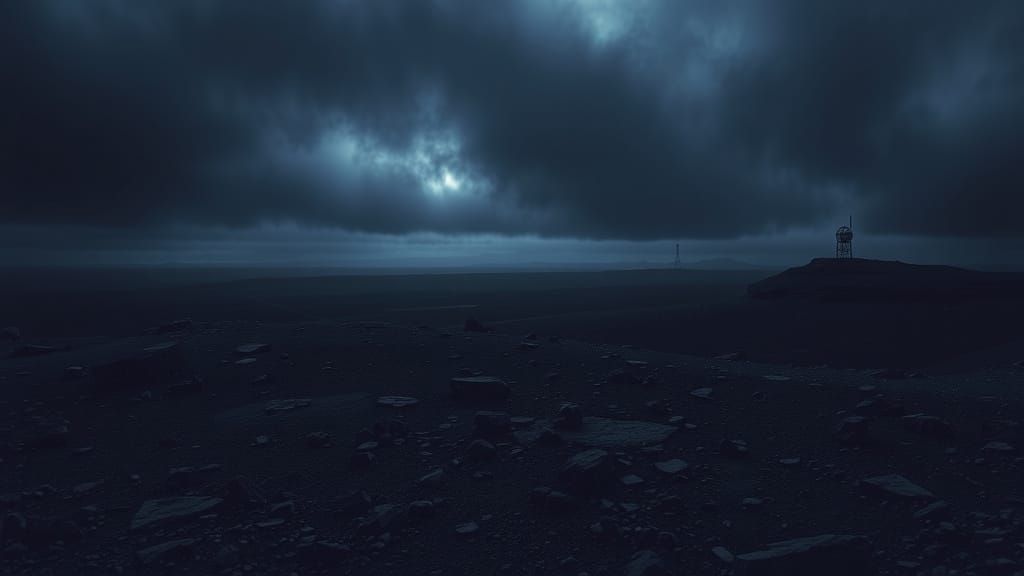 Dark, Rocky Landscape Under Inky Blackness