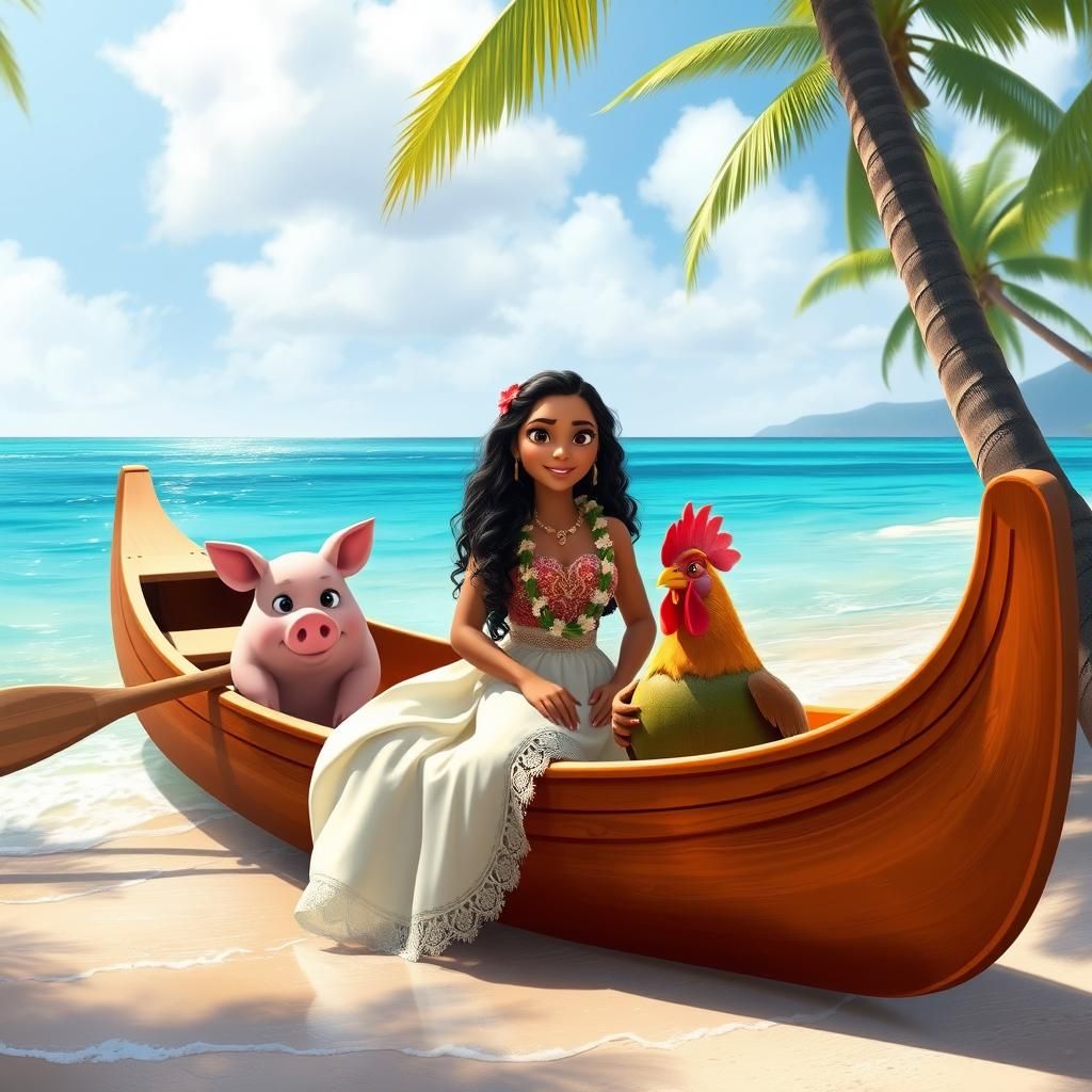 Photorealistic Princess Moana sitting in a small boat, insid...