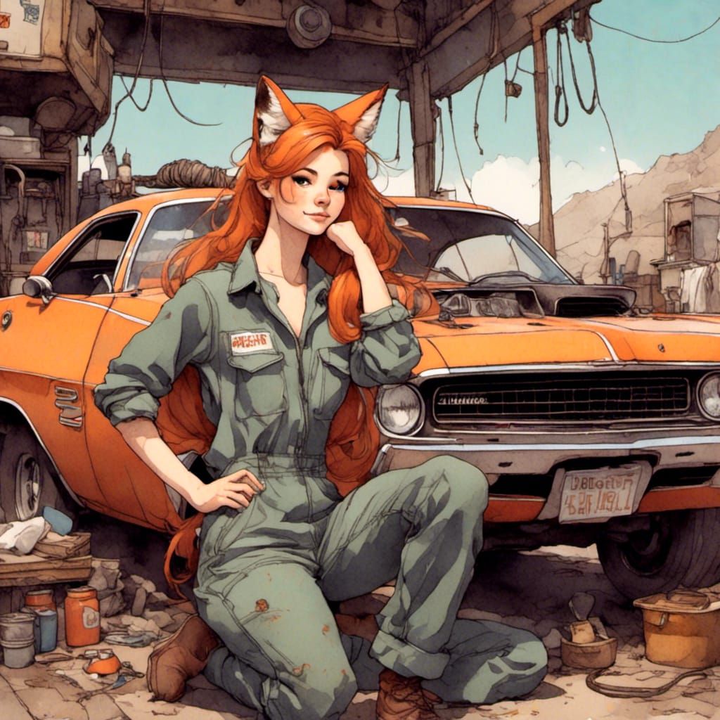 Fox-girl VIXEN, wearing a mechanic's coveralls working on a hoisted up 1969 Dodge Challenger.