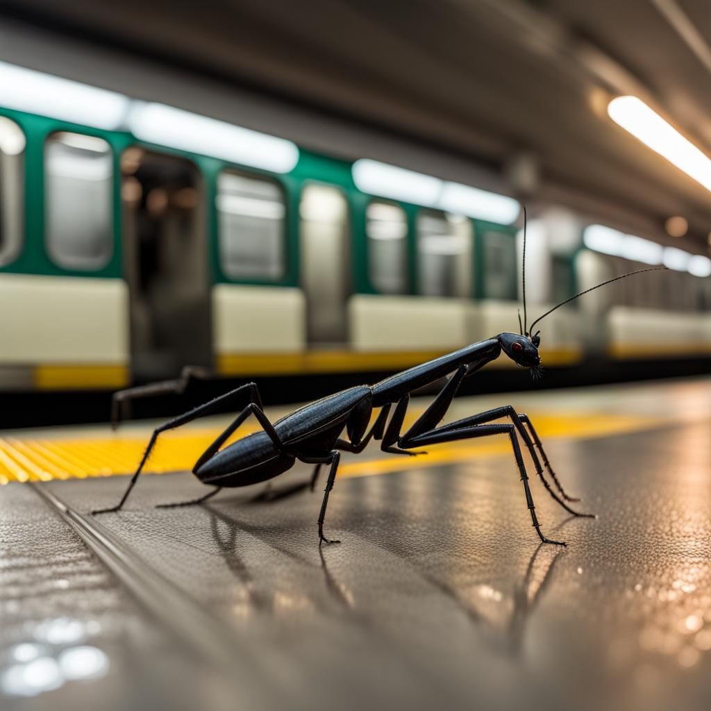 Surreal Black Insect on Subway Platform in Hell