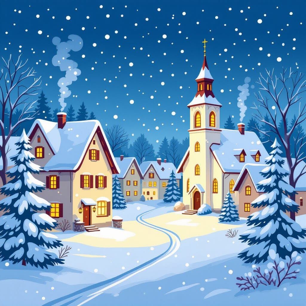 Cozy Folk Art Christmas Village Scene with Snowfall