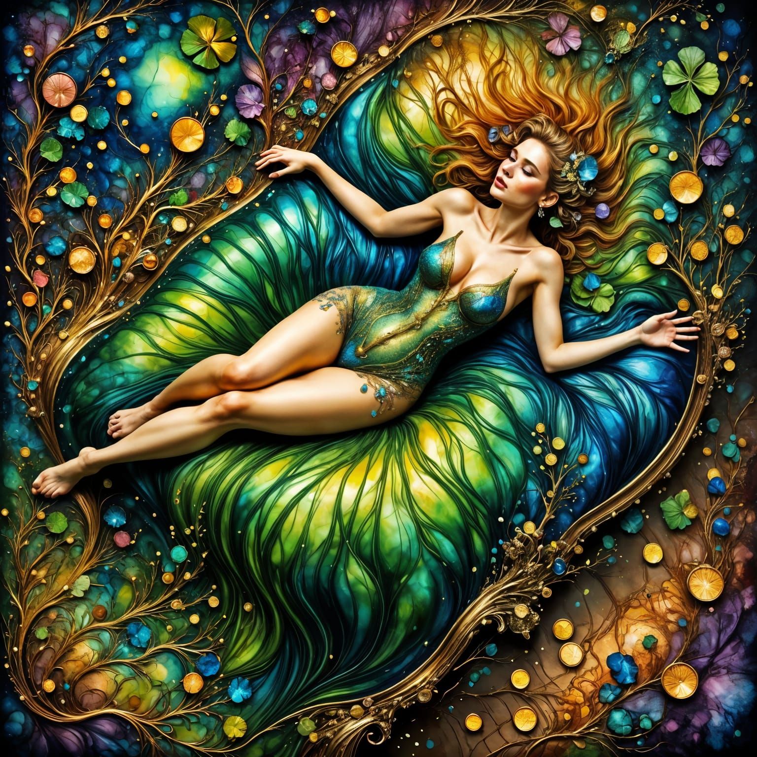 Female Leprechaun Surrounded by Gold in Neo-Impressionist Oi...