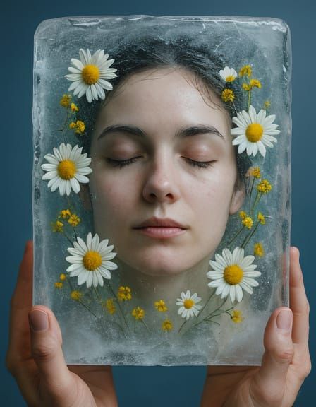 Woman's Face Encased in Ice with Flowers