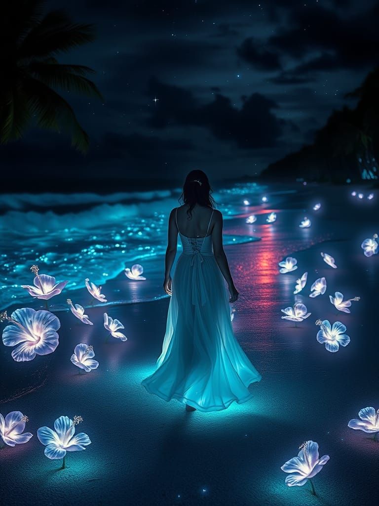 Bioluminescent Beach Walk in Cyberpunk Style
