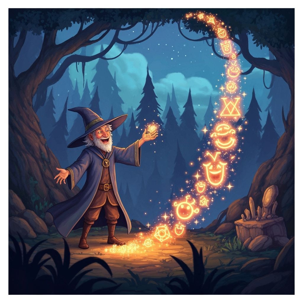 Wizard Conjuring Laughter Symbols in Enchanted Forest