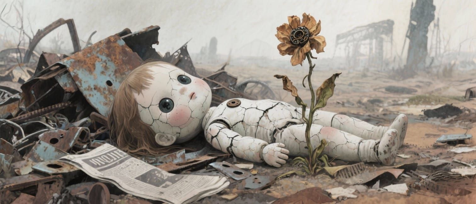 Doll in Post-Apocalyptic Wasteland with Mechanical Flower