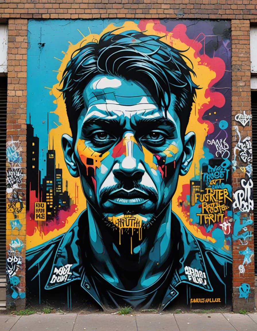 Dystopian Street Art Mural with Male Subject
