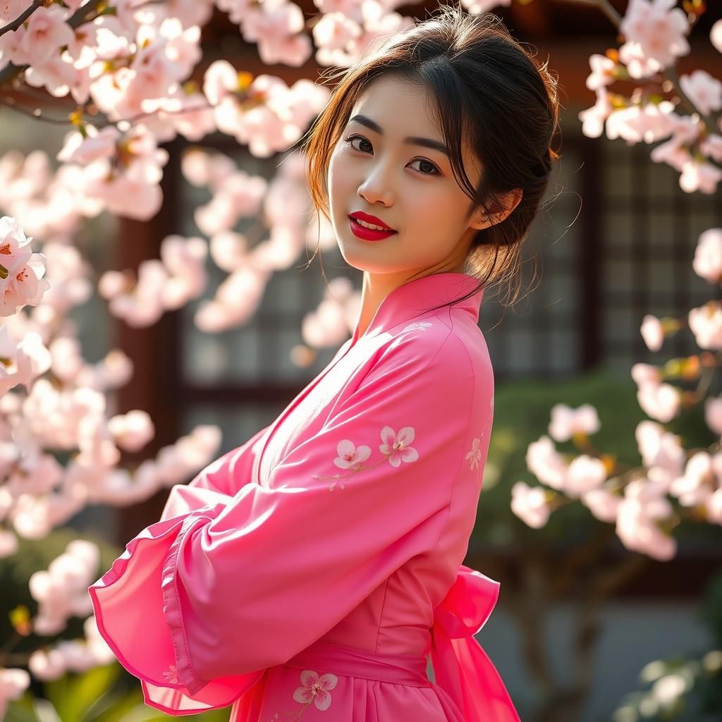 Japanese Woman in Cherry Blossom Garden, Photorealistic Port...