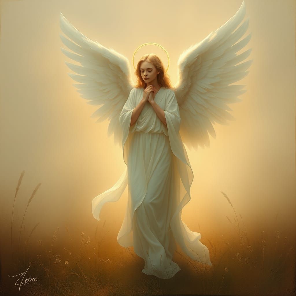 Ethereal Angel in Misty Landscape, Romantic Style