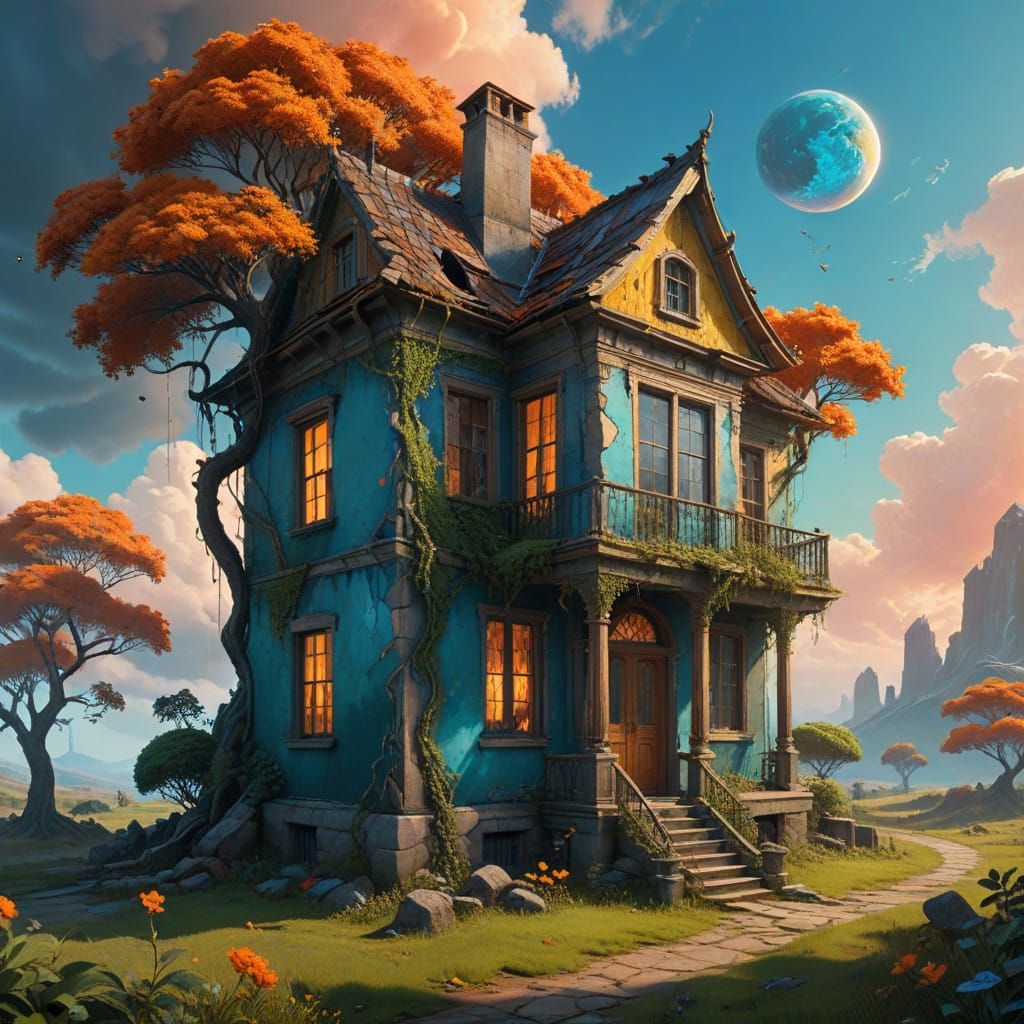 Abandoned, Surreal Wooden House with Vibrant Sky
