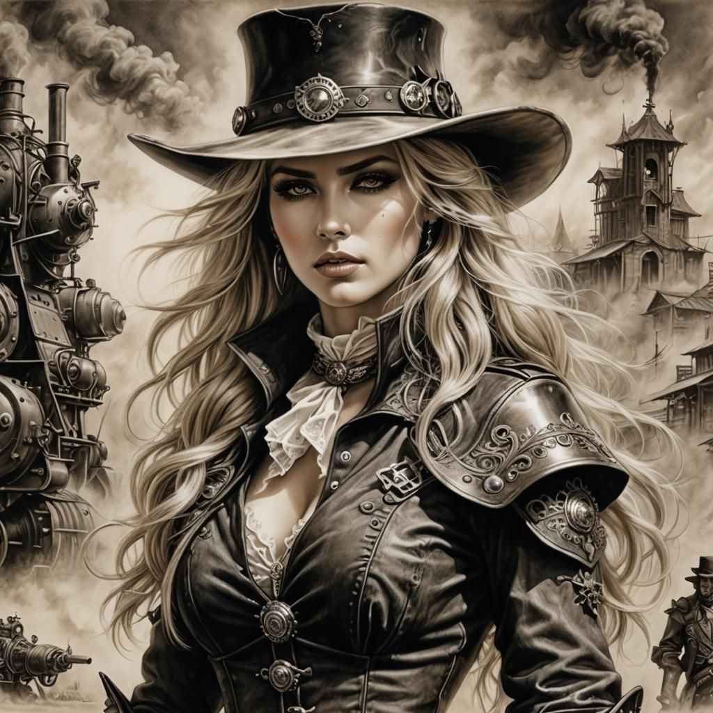 Steampunk Gunslinger in Style of Luis Royo