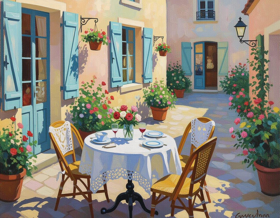 Romantic French Courtyard in Impressionistic Style