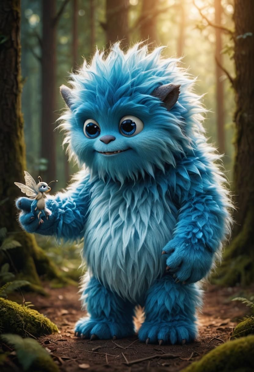 Sweet Blue Monster Holding Fairy in Forest