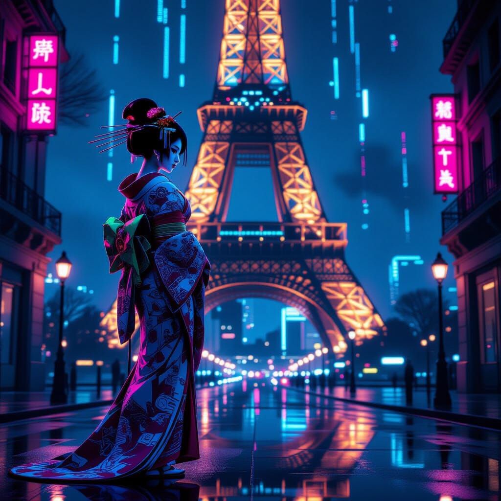 Cyberpunk Geisha in Dystopian Paris