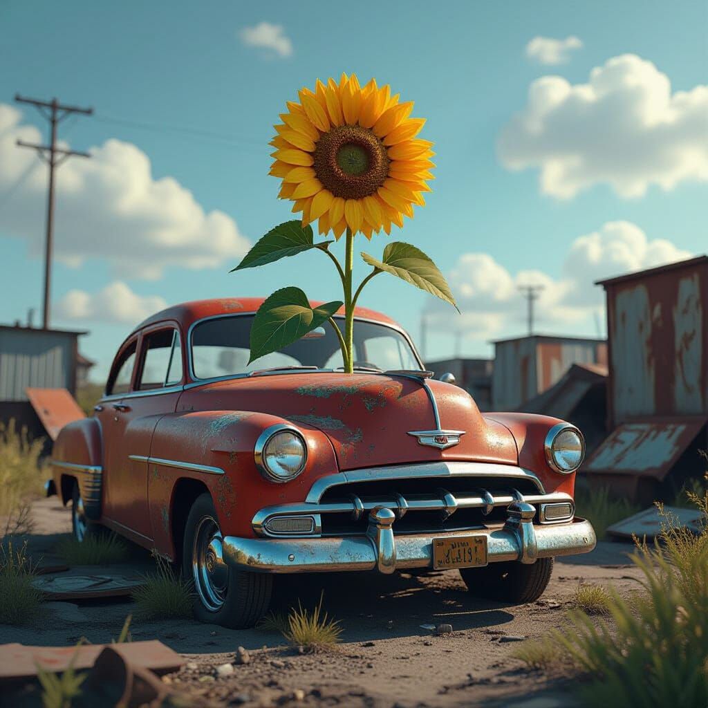 Sunflower Growing in Junkyard, Detailed Matte Painting