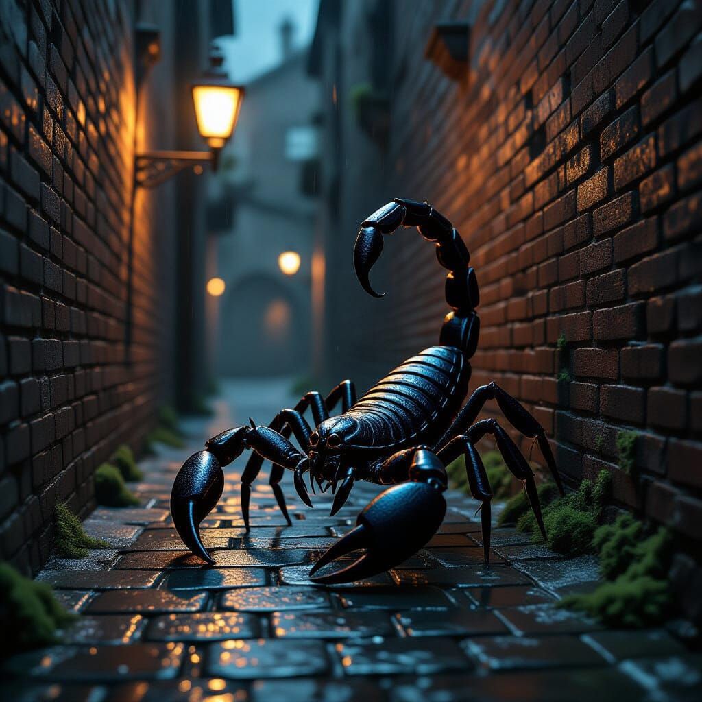 Black Scorpion in Dim Alleyway, Dark Fantasy Art