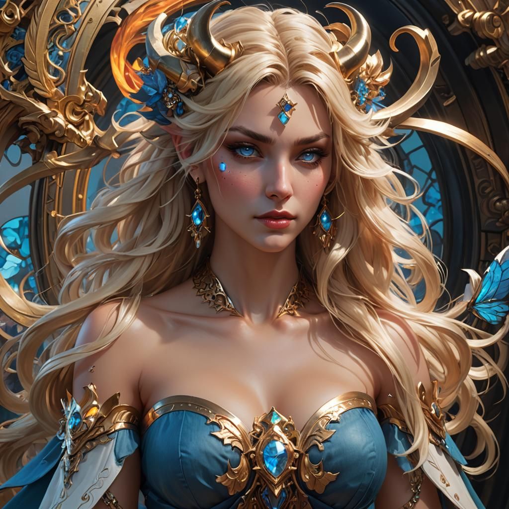 Voluptuous Blonde Demon on Throne in Hyperdetailed Style