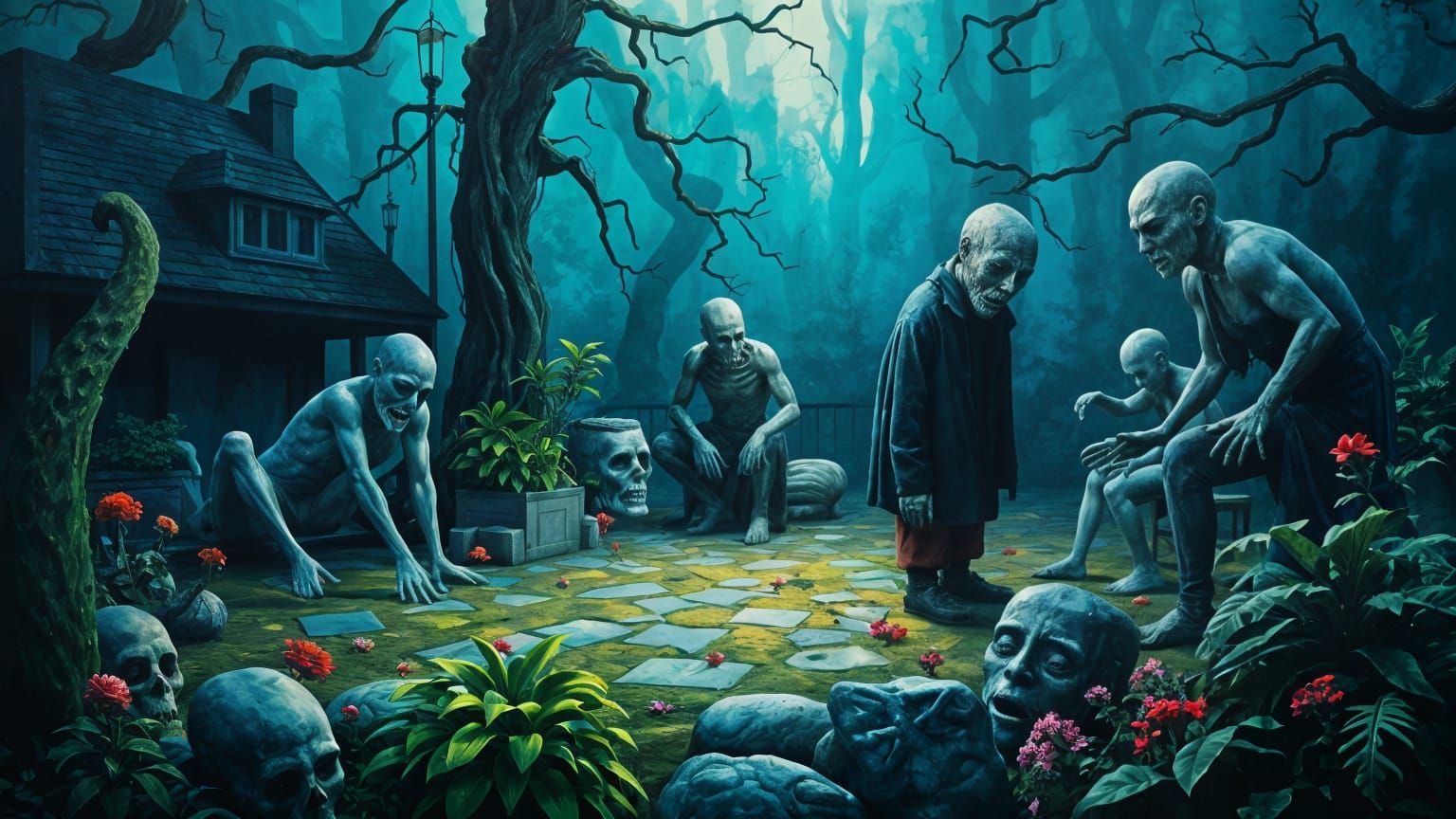Creepy Garden with Disturbing Statues Painting