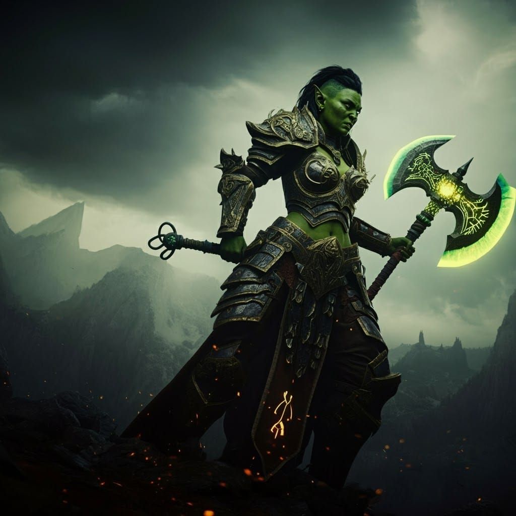 Emerald Half-Orc Warrior with Glowing Axe