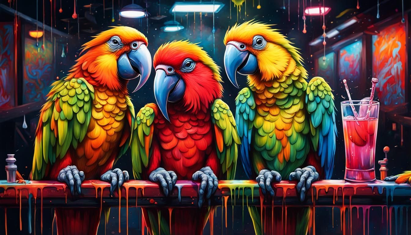 Parrots at a Karaoke Bar in Graffiti Art Style