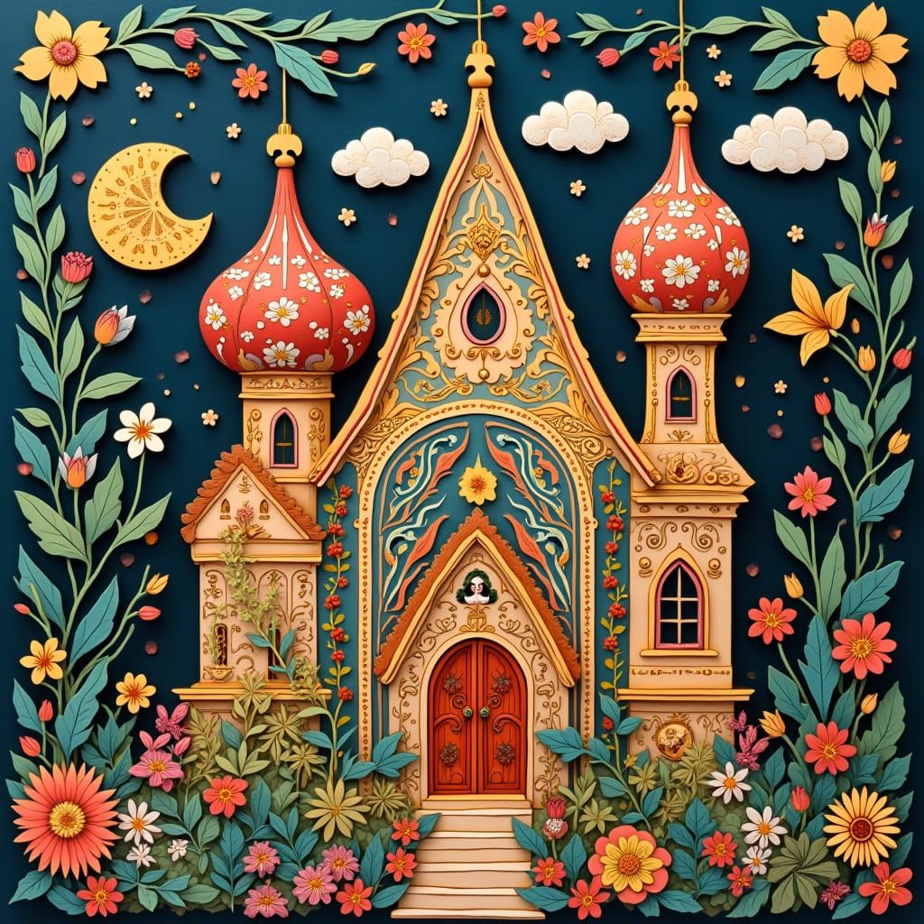 Whimsical Russian Folk Architecture Cutouts with Floral Patt...