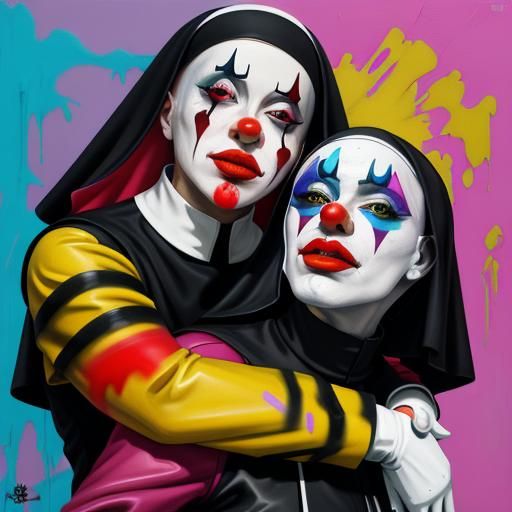 Nun Piggybacking Clown in Graffiti Art Style