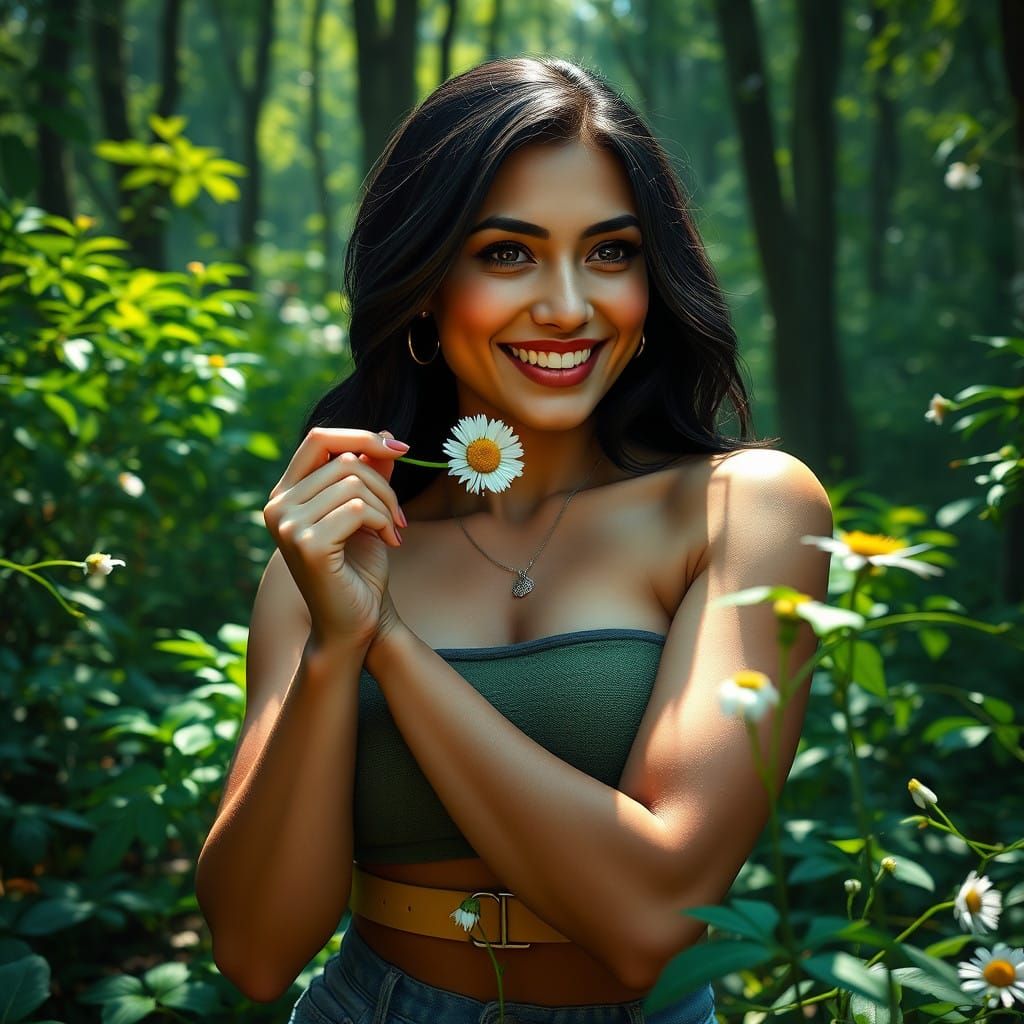 Strong Latina Woman in Vibrant Forest Sniffs Daisy