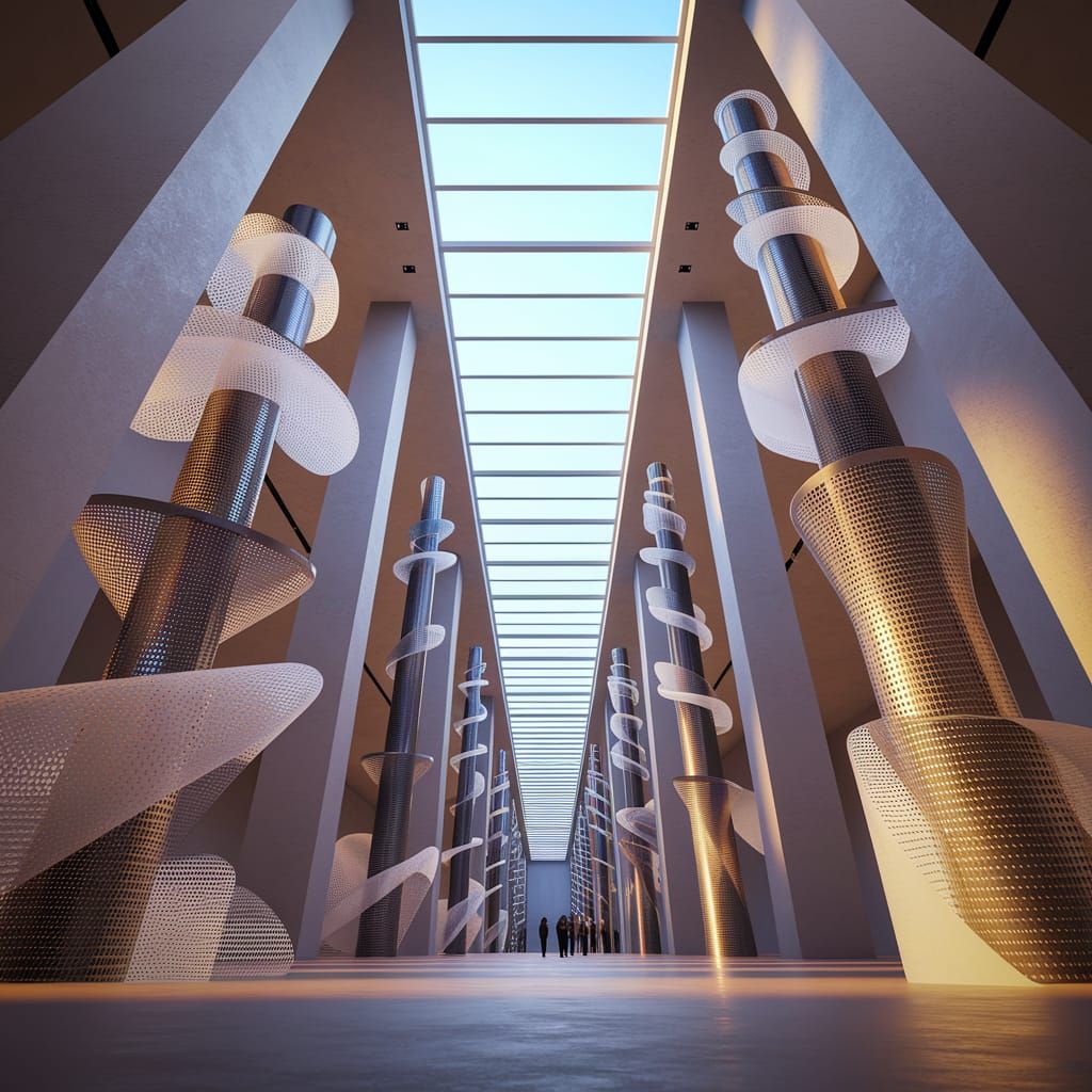 Futuristic Art Gallery with Towering Sculptures as Digital A...