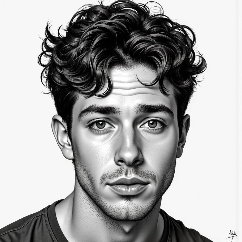 Handsome Young Man in a Faded, Dramatic Black and White Port...