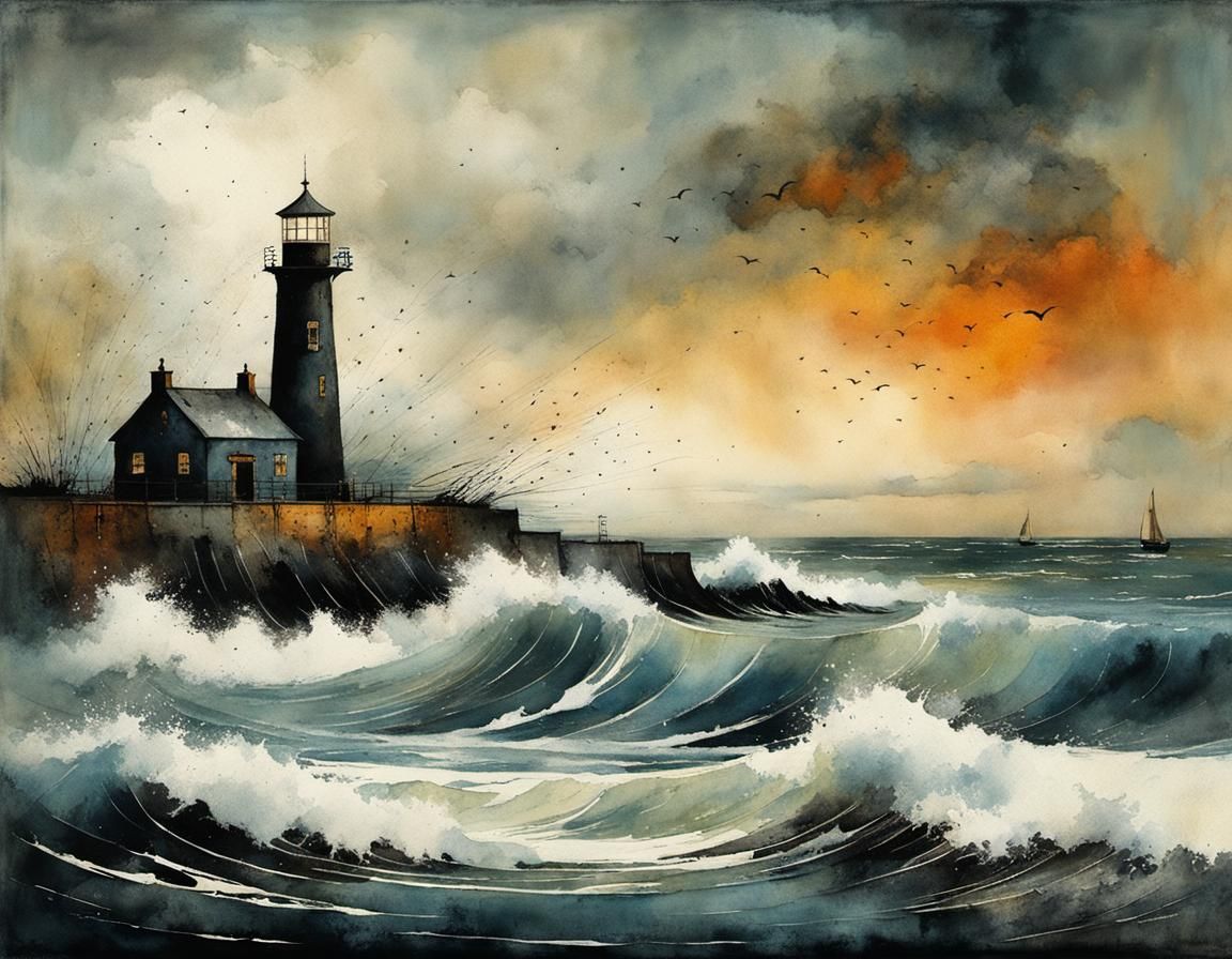Stormy Sea in Gritty Antique Watercolor Style