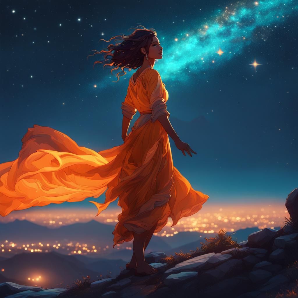 Girl Reaching Out in Starry Night, Detailed Art