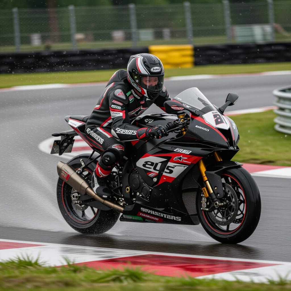 Motorcycle Racer Leans Into Turn on Wet Track