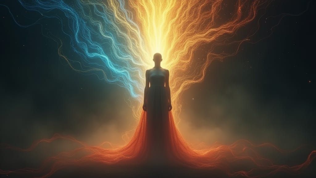 Ethereal Figure Radiates Golden Light in Futuristic Composit...