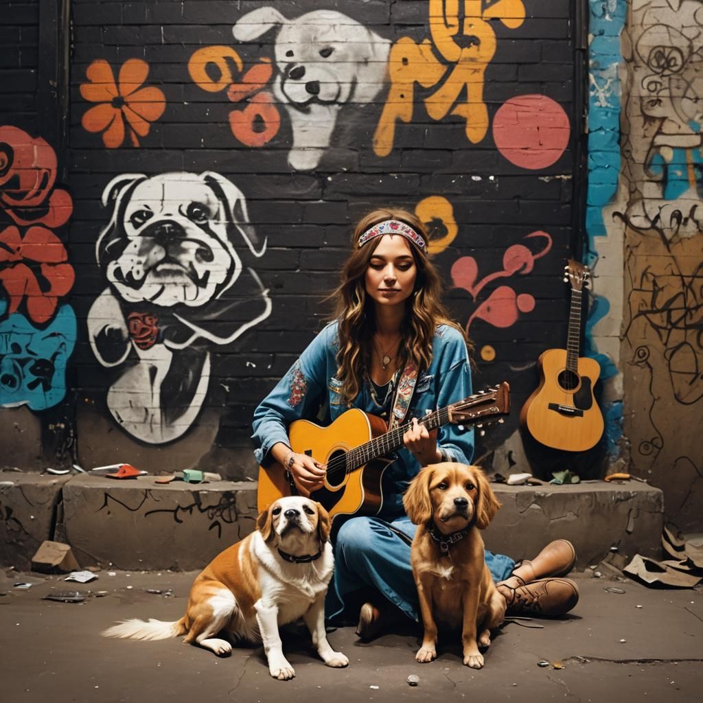 Hippie Girl with Guitar in Graffiti Alley