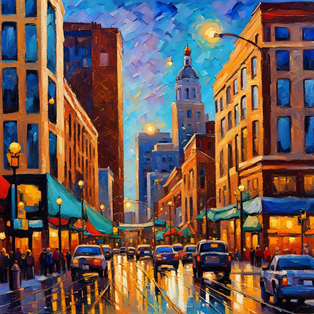 Vibrant Denver Cityscape in Neo-Impressionist Oil Painting