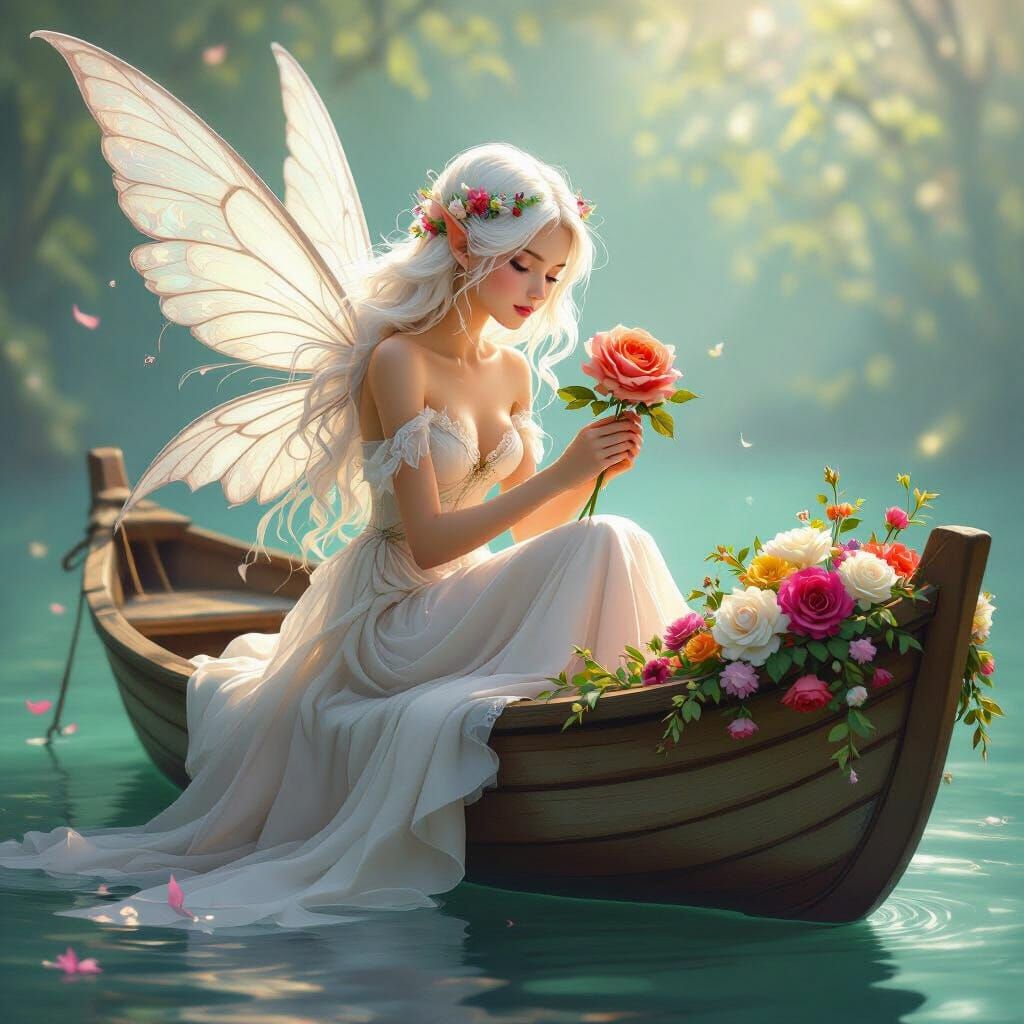 Ethereal Fairy on Boat with Rose, in Art Nouveau Style