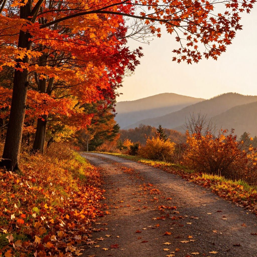 Realistic Autumn Landscape at Sunset with Misty Mountains