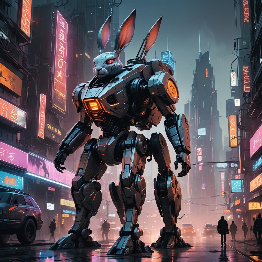 Giant Rabbit Mech in Futuristic Cityscape