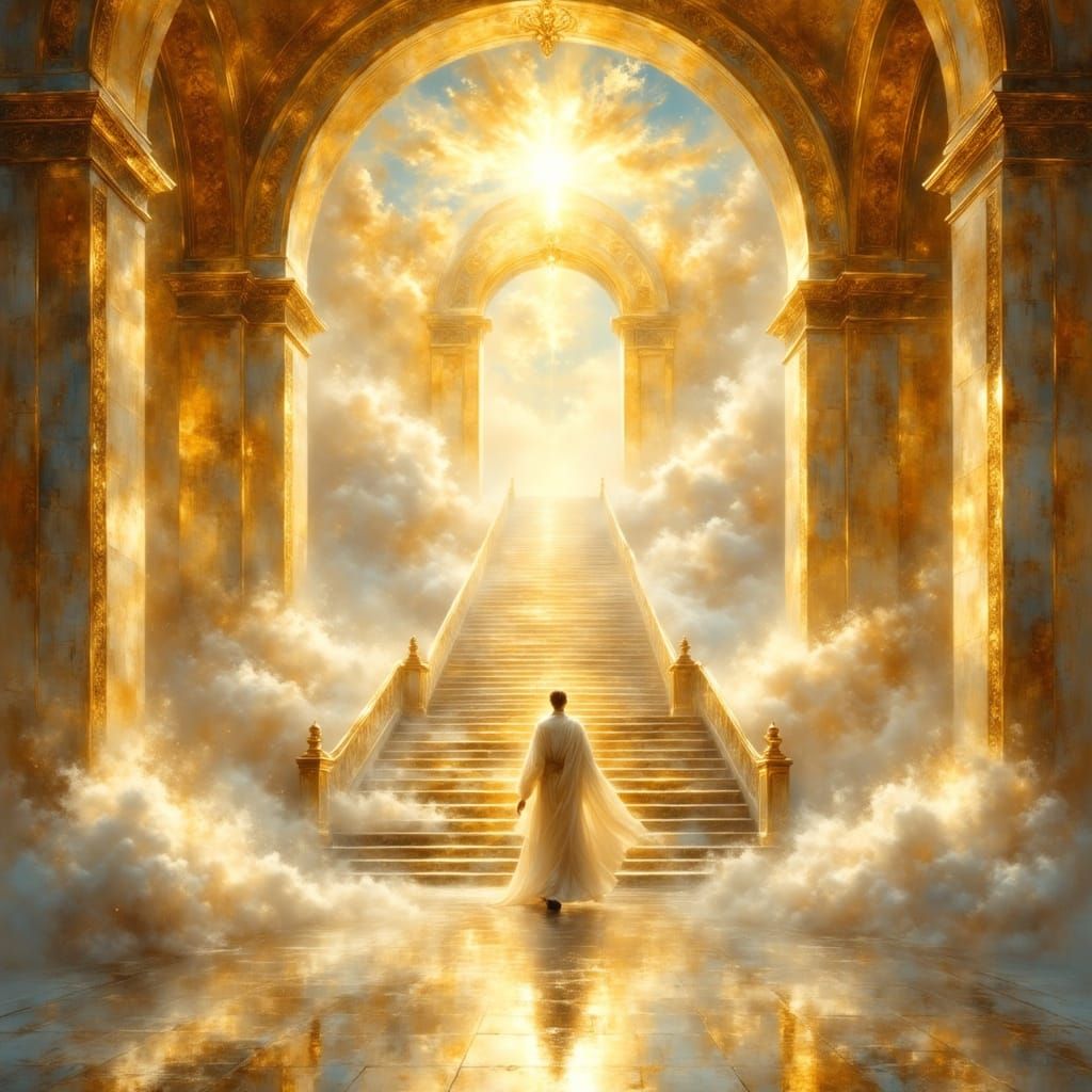 Man Walks Up Golden Stairway to Heaven Gate