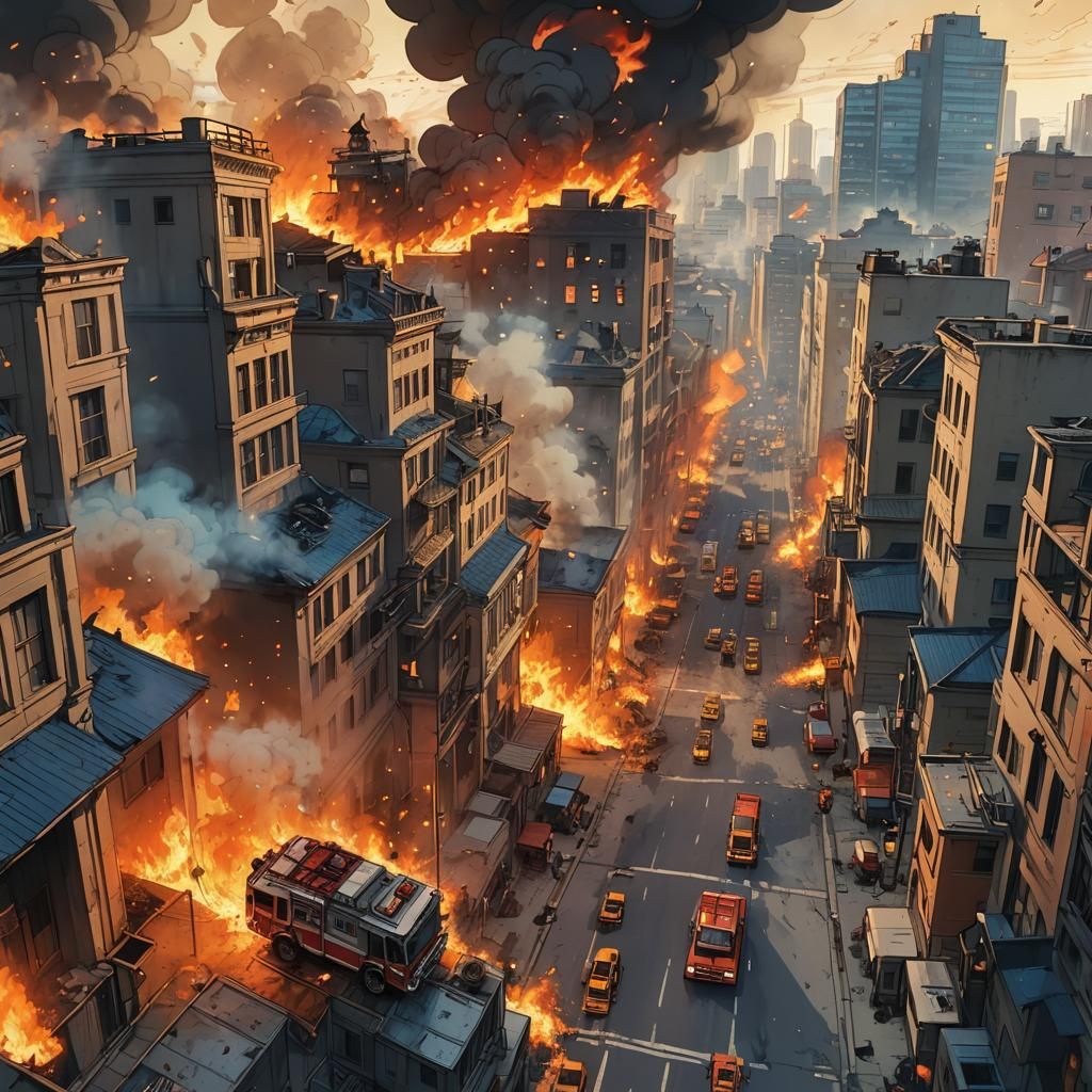 Orc Fireman in Burning City: Anime Film Still