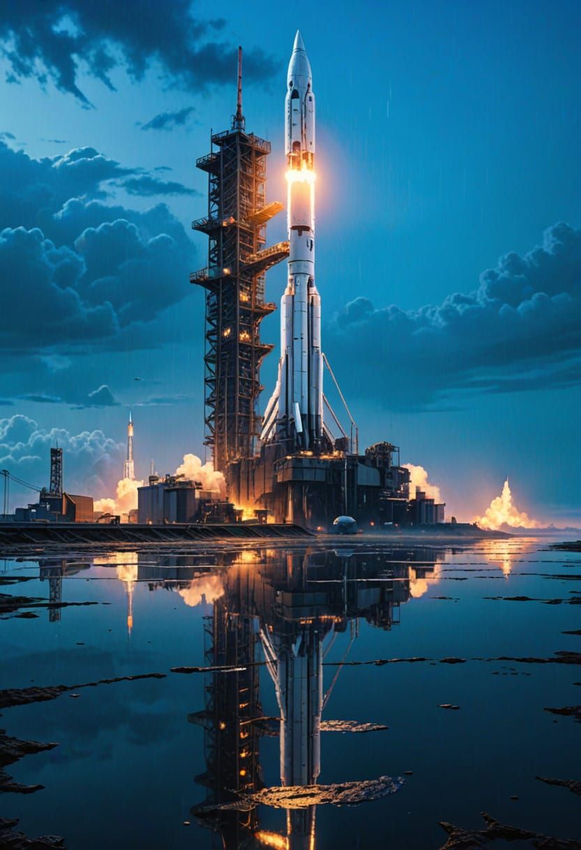 Cyberpunk-Industrial Atlas 5 Rocket Confronts Godzilla in a ...