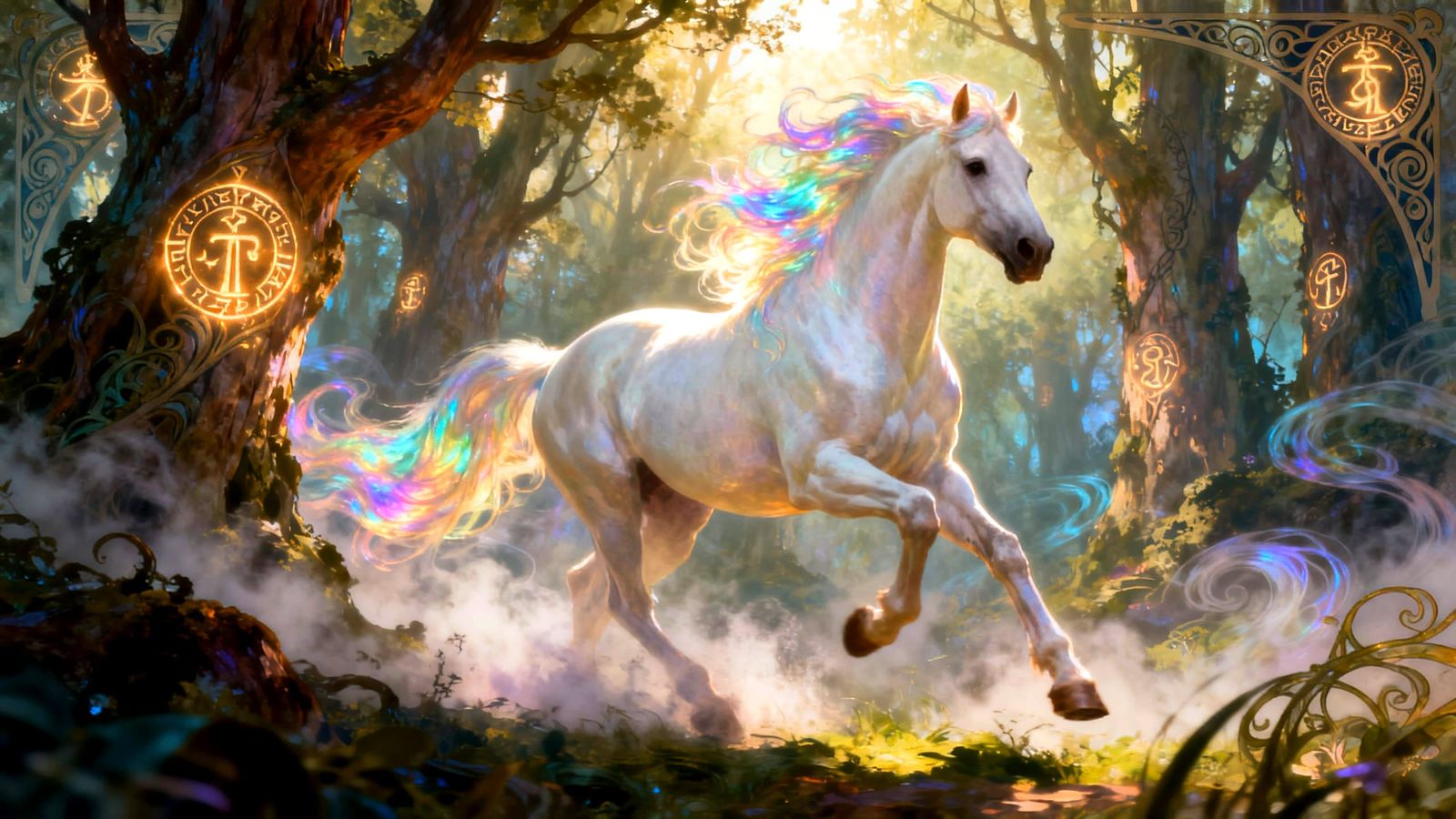 Majestic White Horse in Enchanted Forest