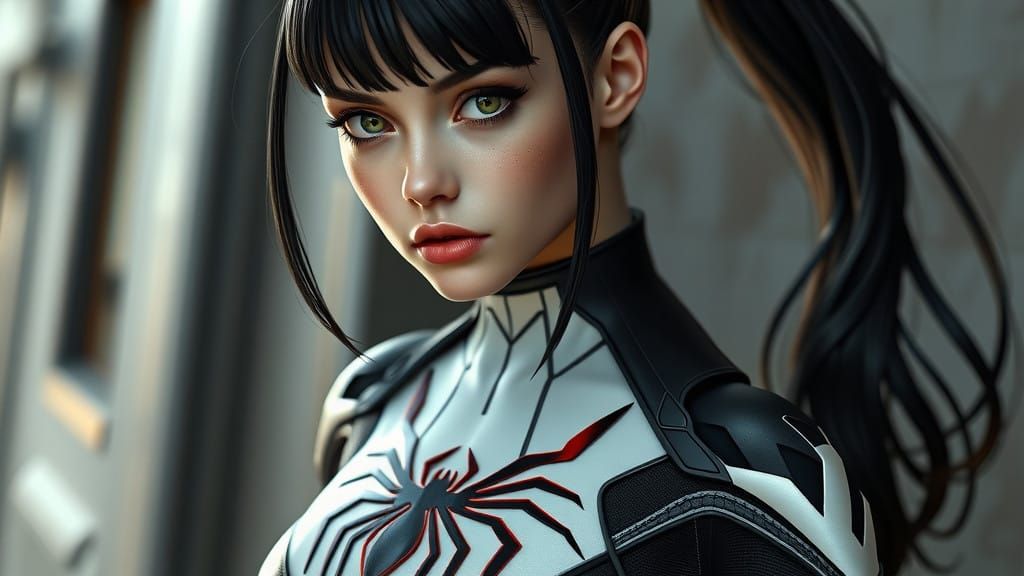 Sleek Hyper Realistic Superheroine with Red Spider Emblem