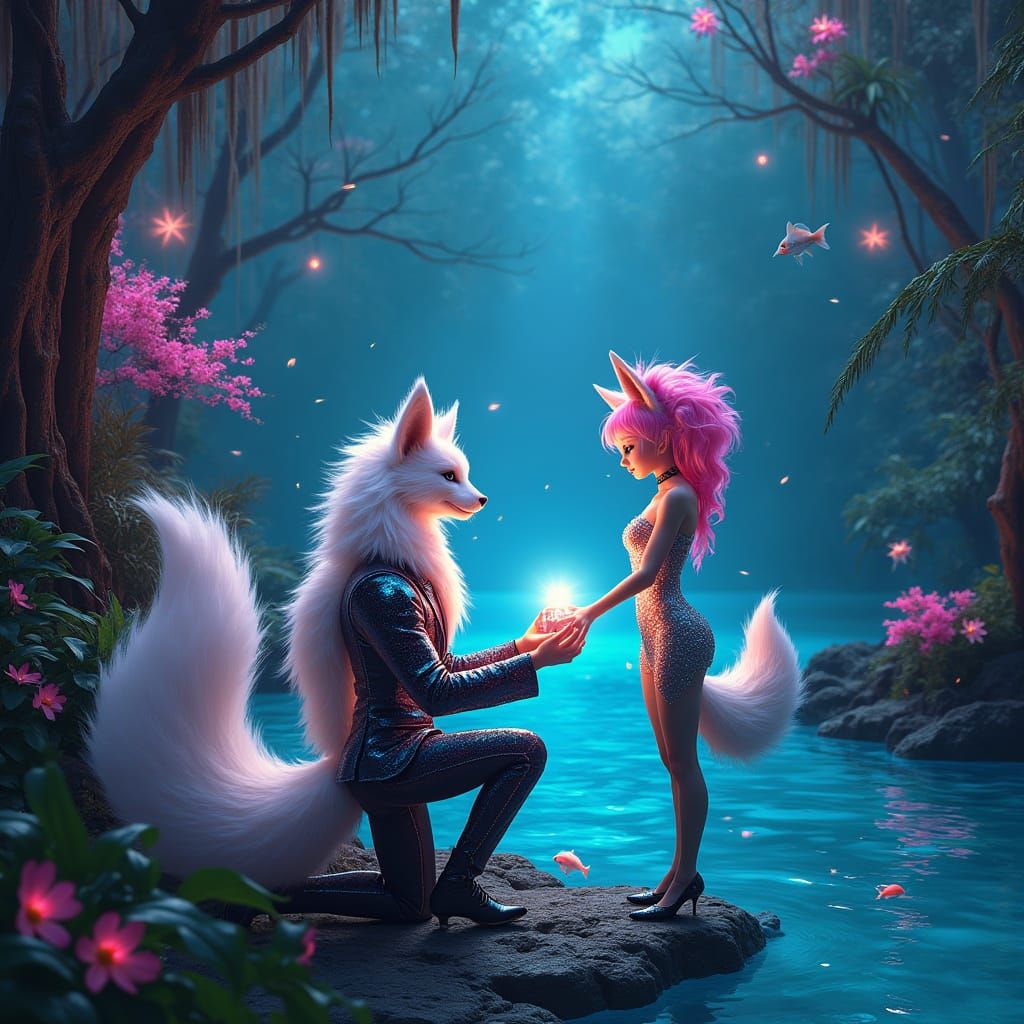 Cyberpunk Kitsune Proposes to Bakeneko Bride