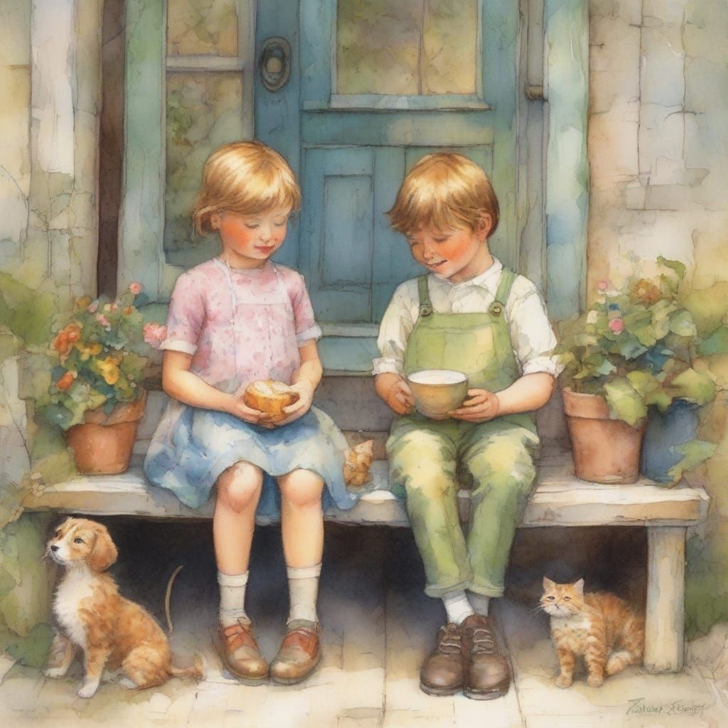 Sweet Siblings in Whimsical Watercolor Wonderland