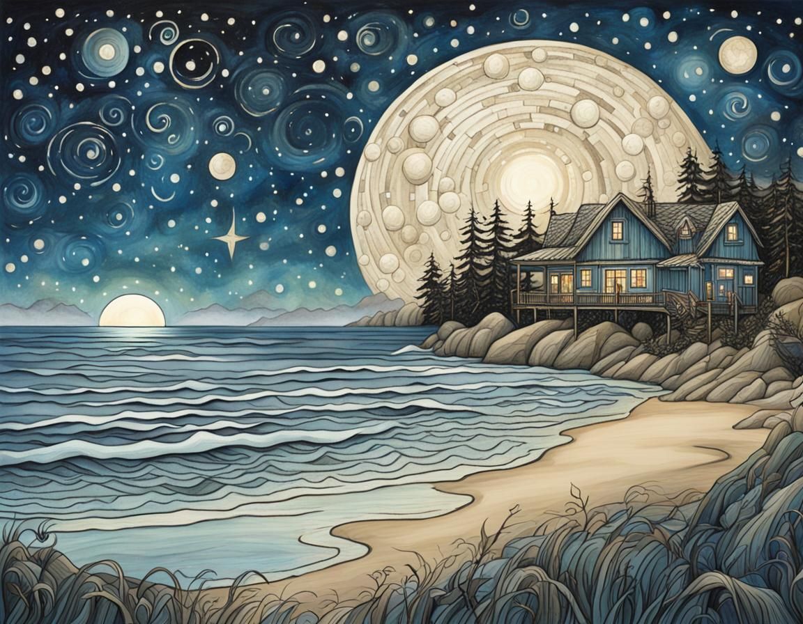 Dream Beach Starry Sky in Fantasy Illustration Style