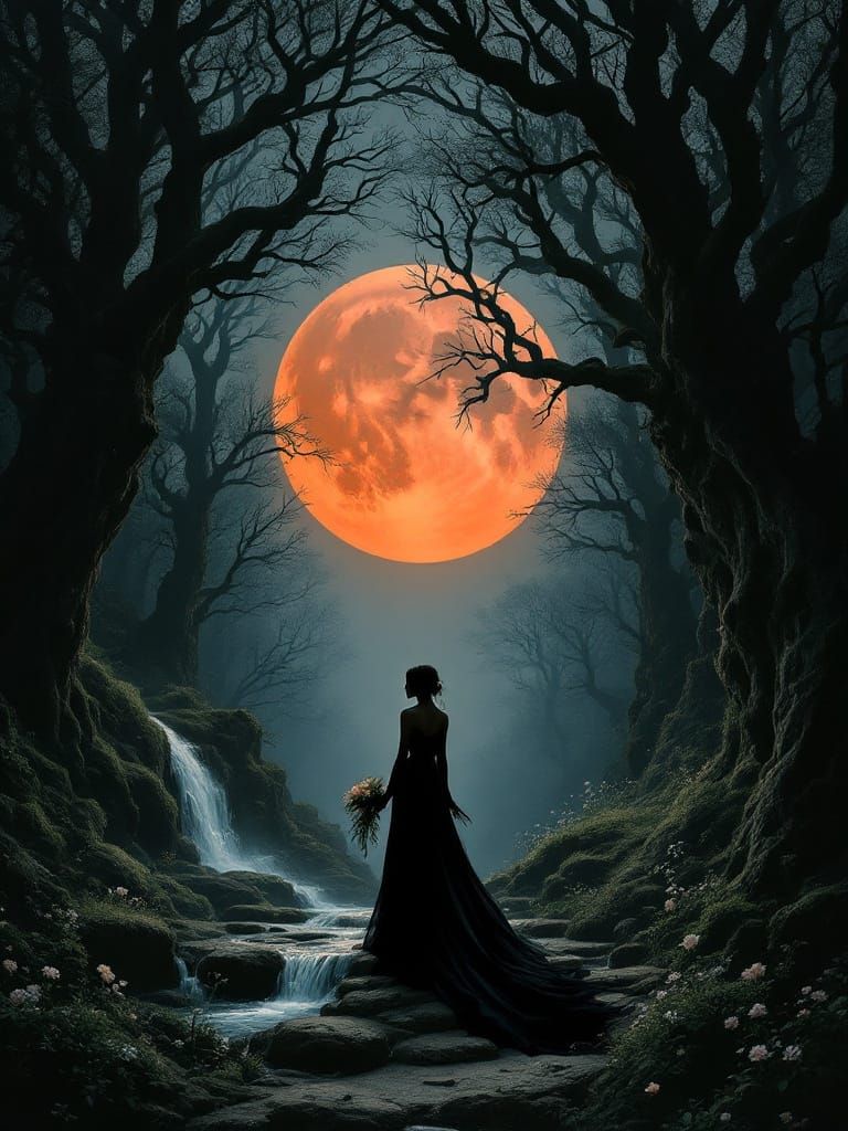 Surreal Gothic Fairytale: Lonesome Woman Under Moonlit Canop...