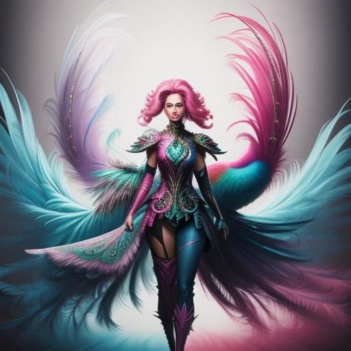 Peacock Feather Women in Comic Book Style