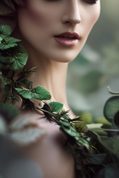 Woman in Green Lace Gown with Roses