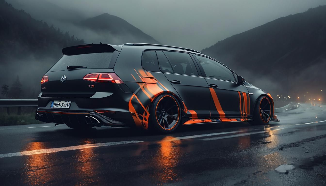 Black VW Golf 7R Variant Drifting in Fog, Digital Art